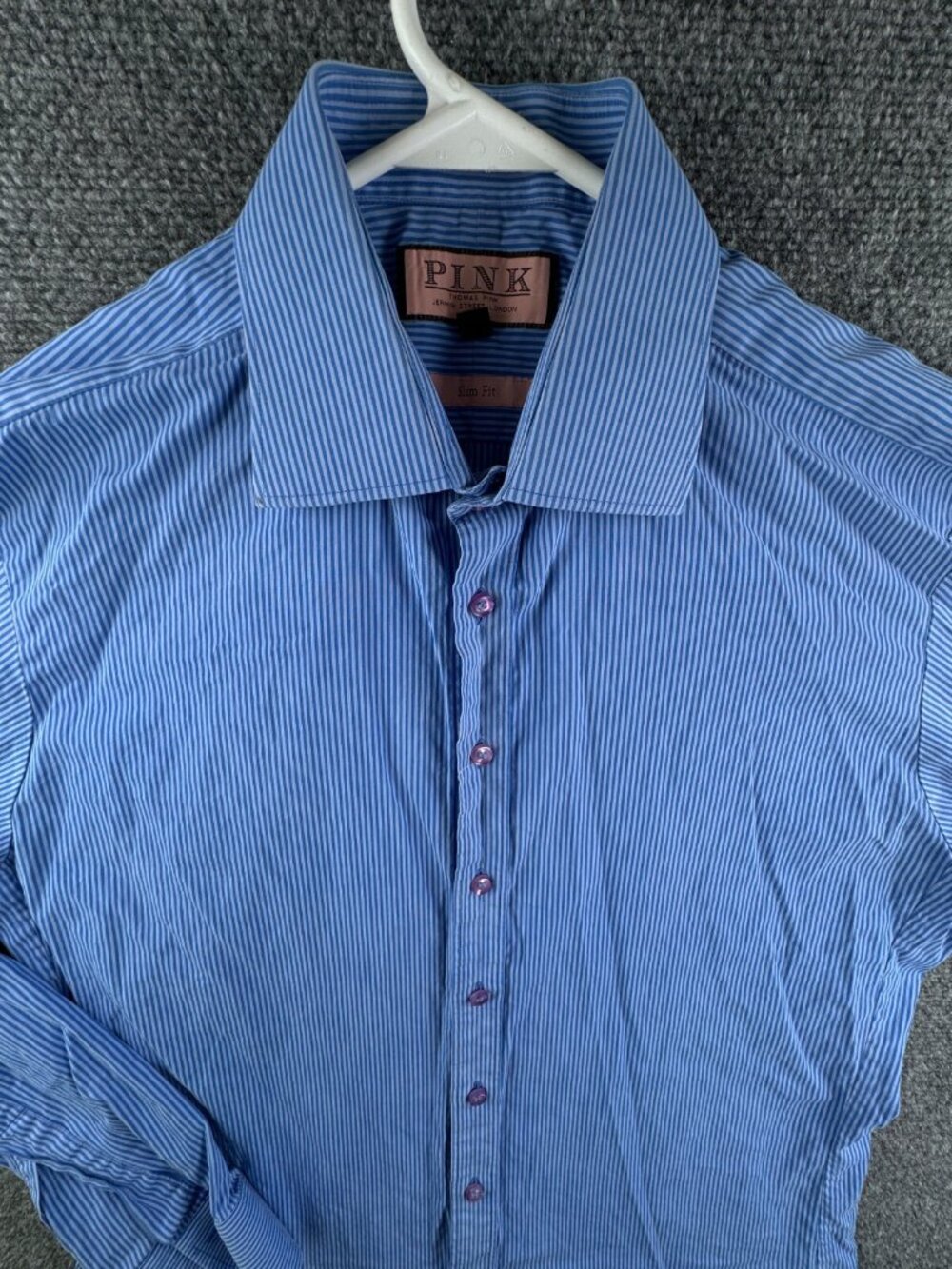 Thomas Pink Long Sleeve Button Up Shirt Men Striped Blue 16 Slim Fit Cotton